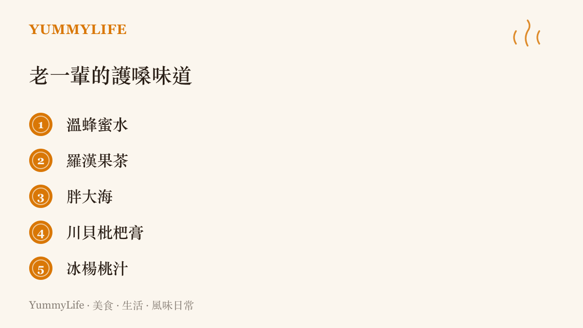清單整理五種傳統護嗓飲品，包含溫蜂蜜水、羅漢果茶、胖大海、川貝枇杷膏與冰鎮楊桃汁，說明歌迷開嗓的民間老味道