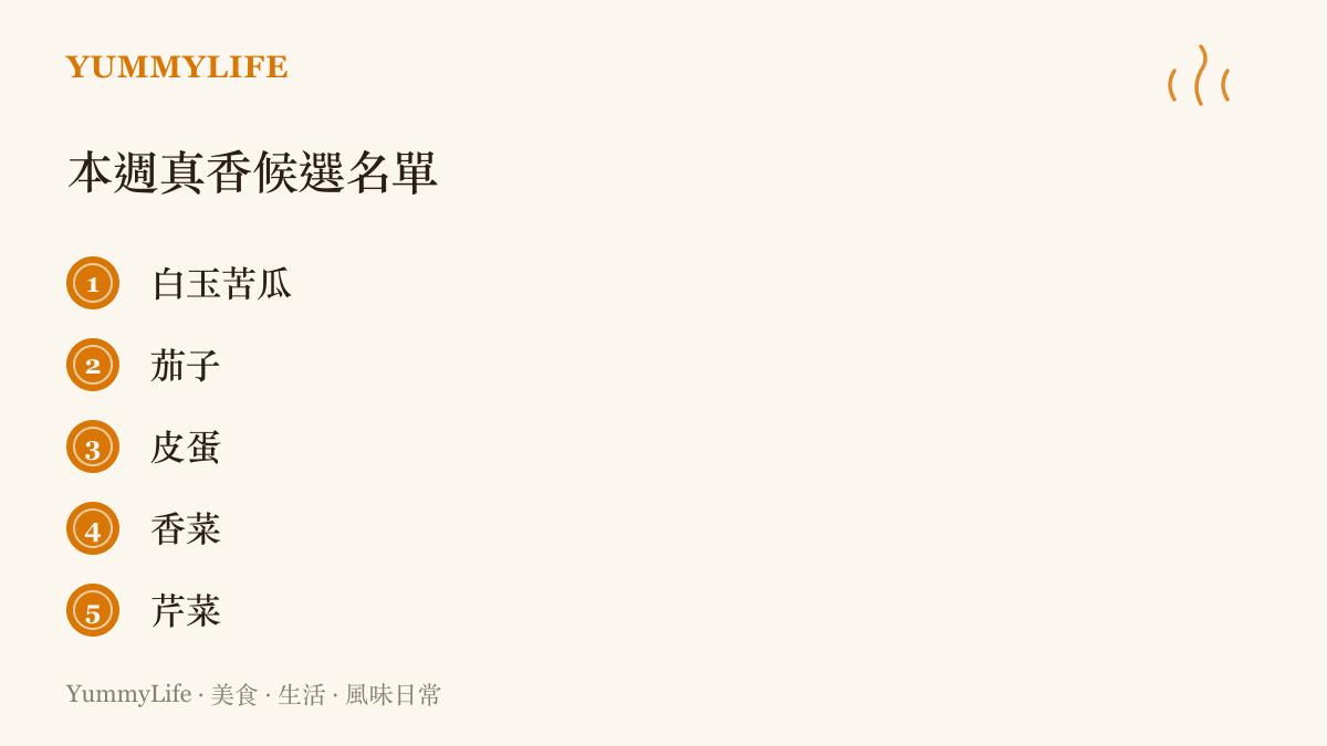 清單圖卡列出五樣常被發誓不喫、值得換種做法再試一次的食材：白玉苦瓜、茄子、皮蛋、香菜與芹菜