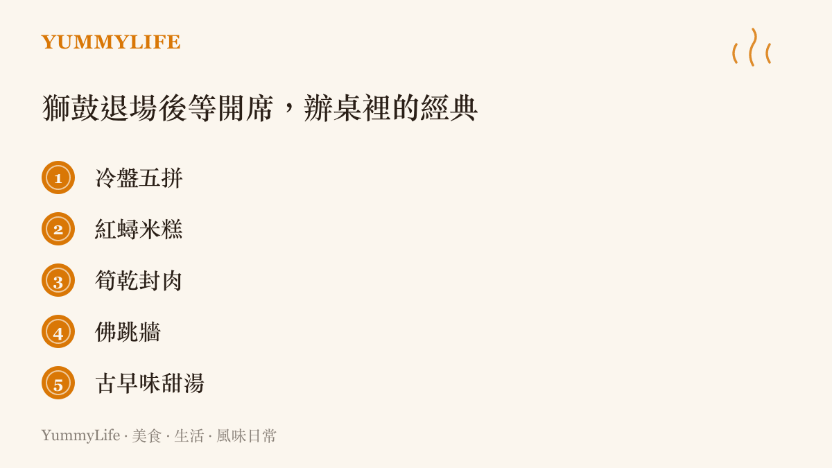 清單圖卡列出臺灣辦桌的五道經典菜色，從冷盤五拼、紅蟳米糕、筍乾封肉、佛跳牆到古早味甜湯