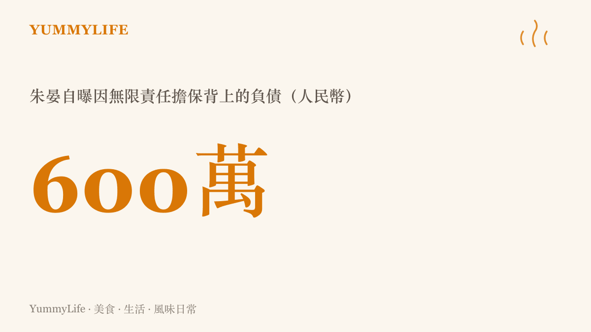 統計圖卡呈現朱晏自曝因替前夫做無限責任擔保而背負600萬人民幣負債的具體數字