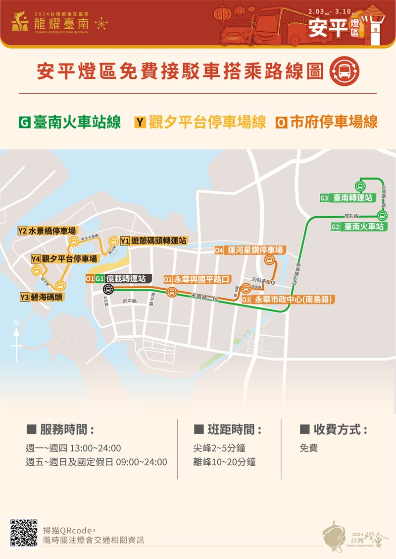 台南市安平區春節周邊免費接駁車路線圖。圖／安平區公所提供